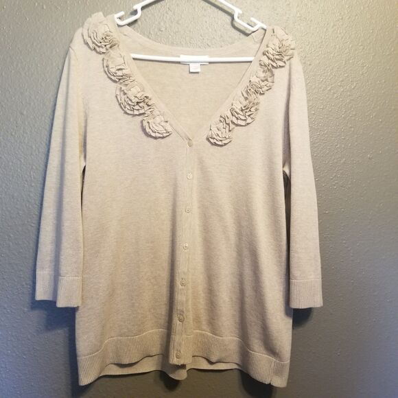 Christopher Banks L Cardigan Sweater Button 3D Floral Trim 100% Cotton Preppy - Picture 1 of 11